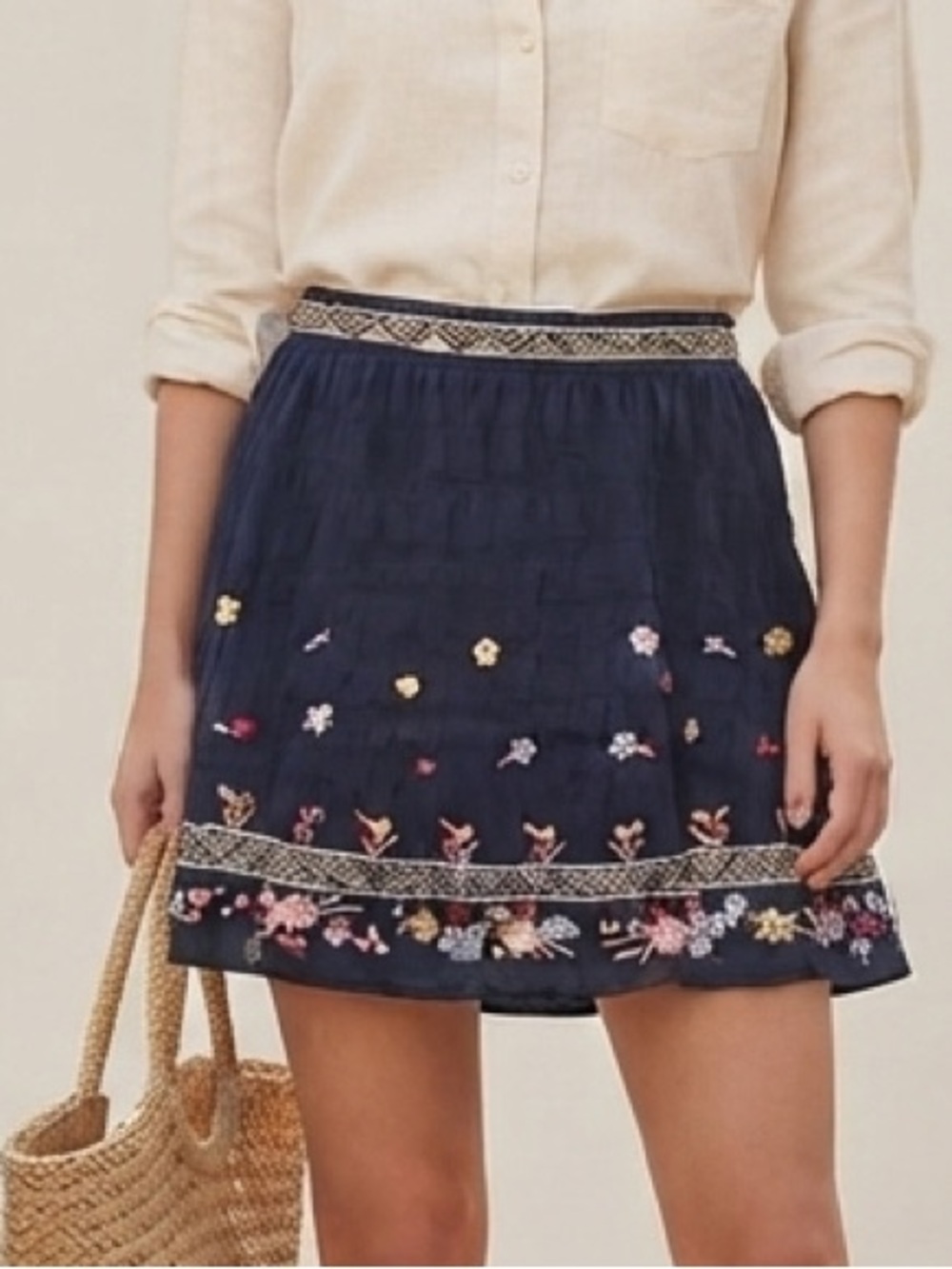 Festival Boho Indi Sleeze Coastal Cowgirl Navy Embroidered Floral Mini Skirt